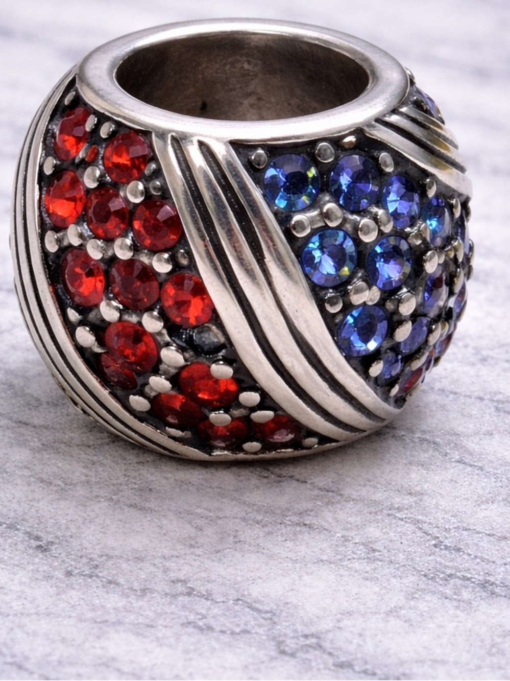 Red Blue Rhinestone Spacer Charm Silver Tone European Bead Pave